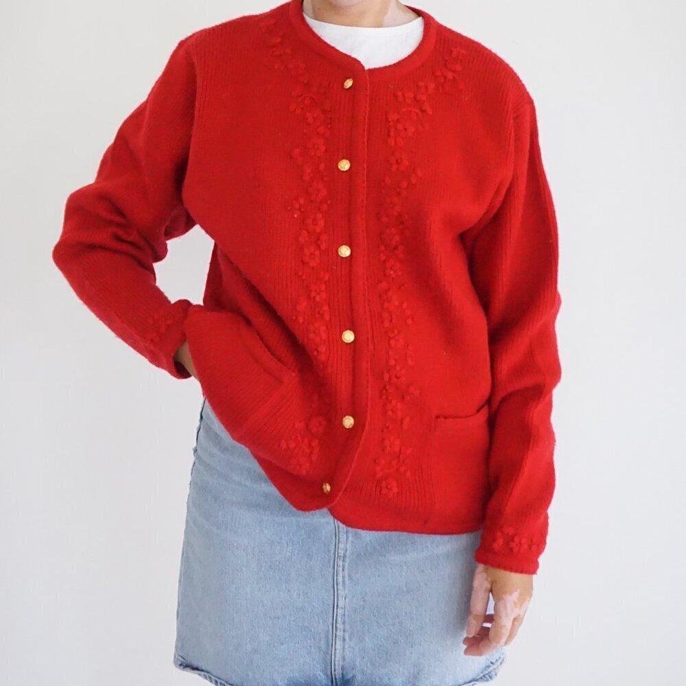 Vintage Liz Baker Red Floral Knit Cardigan Gold Buttons Preppycore Grandmacore M